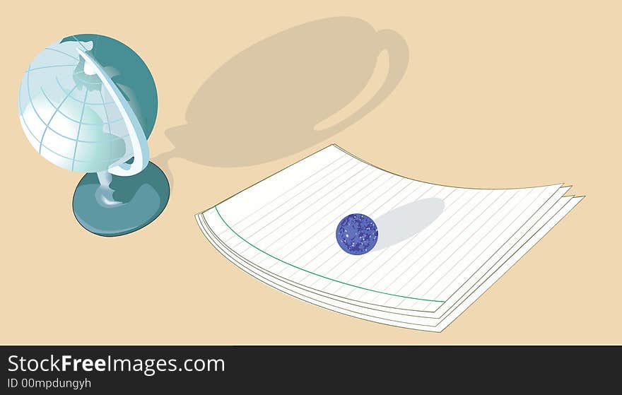 Illustration of  table with a globe, few papers and a paperweight