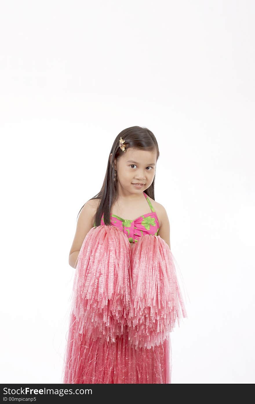 A girl wearing a hawaiian costume over a white background