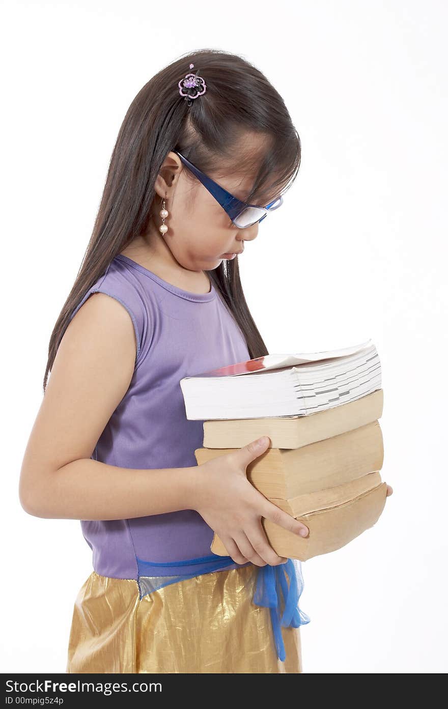 A girl carrying books over a white background