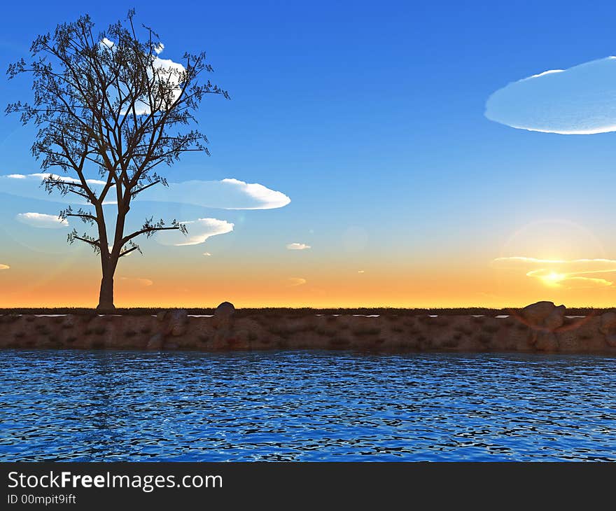 Maple tree on coast of lake - 3d illustration