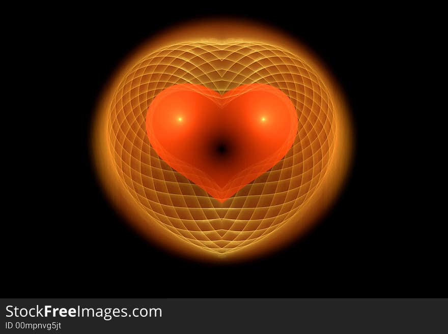 A red heart inside a glowing yellow cage. A red heart inside a glowing yellow cage