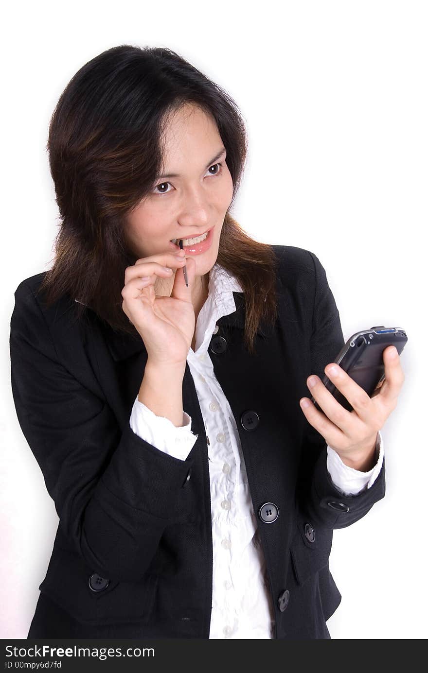 Business girl with PDA over a white background