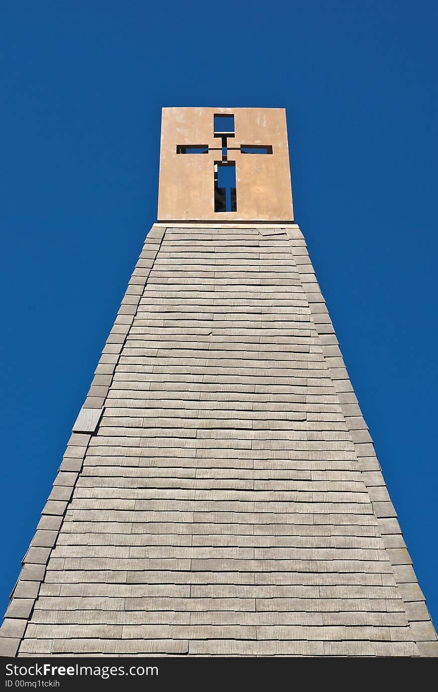 Church tower against blue sky - architectural details