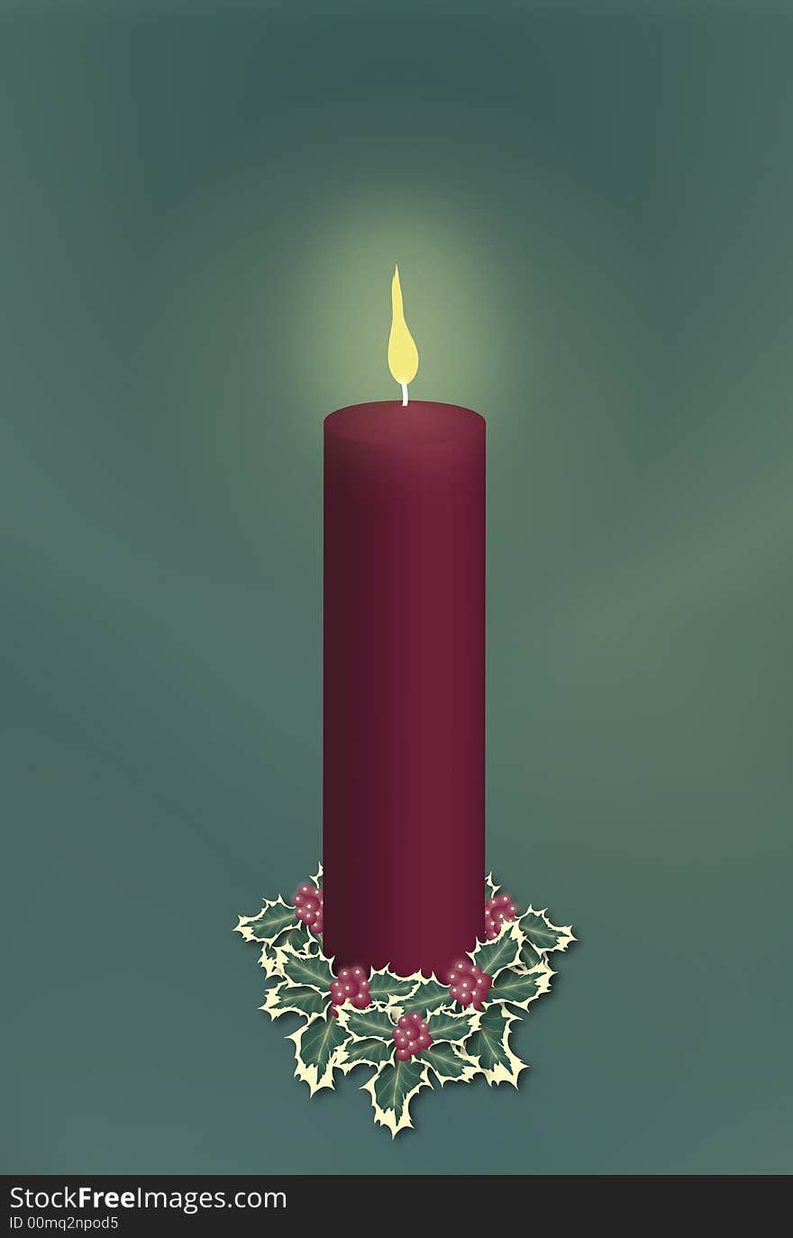 Single red pillar Christmas candle decorated with holly on green background. Single red pillar Christmas candle decorated with holly on green background