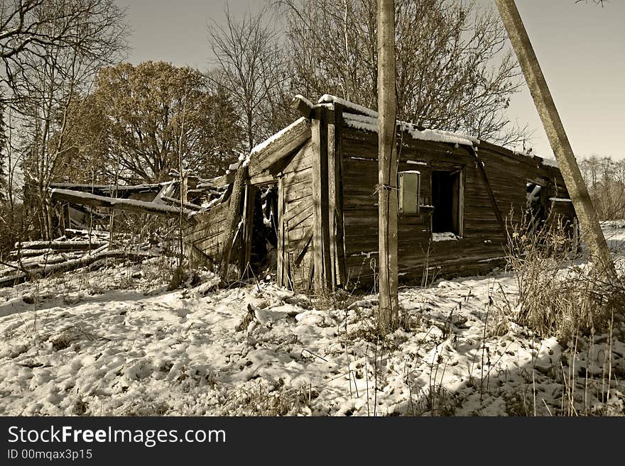 Old, house, sepia, outside, snow, nature, trees,. Old, house, sepia, outside, snow, nature, trees,