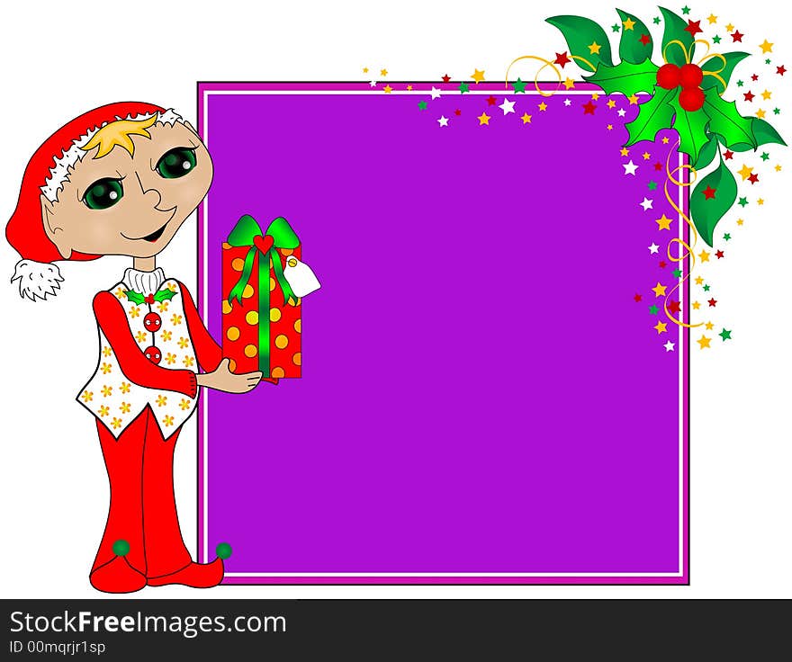 Elf holding a Christmas gift over a colorful purple background with holly leaves and bow. Elf holding a Christmas gift over a colorful purple background with holly leaves and bow.