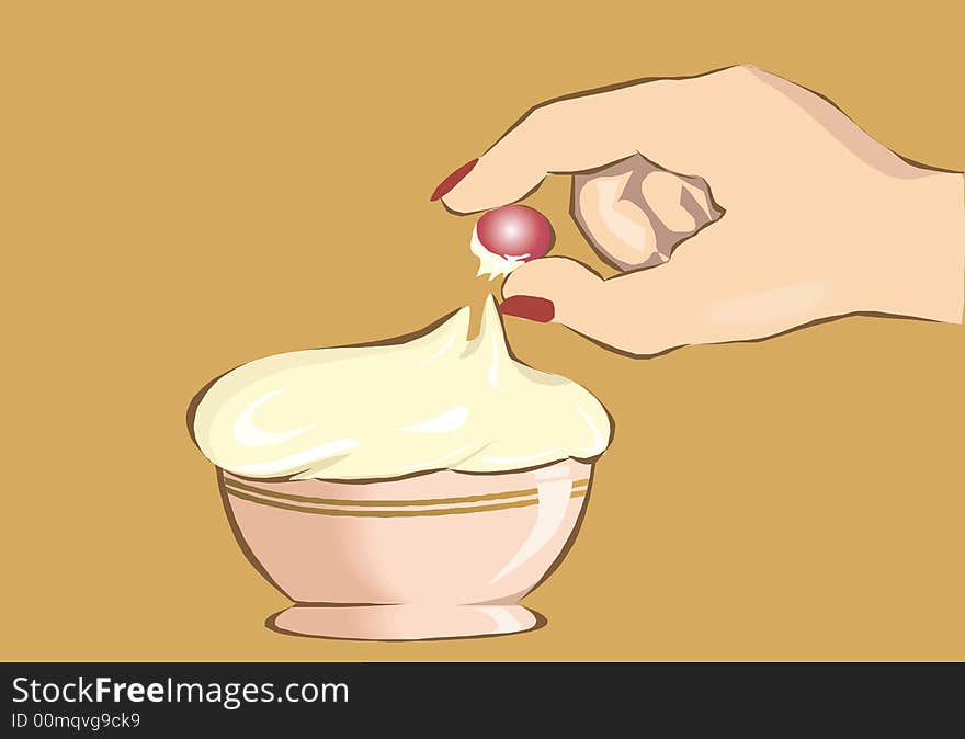 Illustration of Human hand picking cup the strawberry from a cup cake