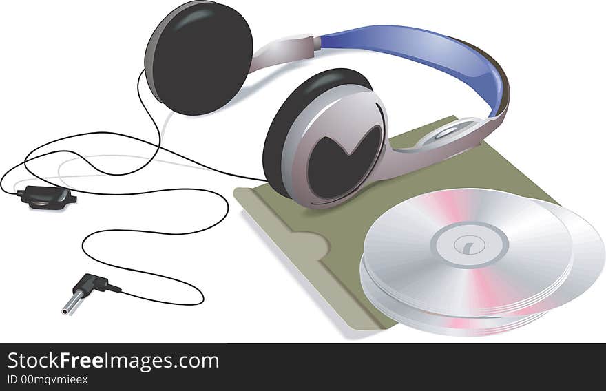 Illustration of a Discman with headphones Compact disc and a floppy