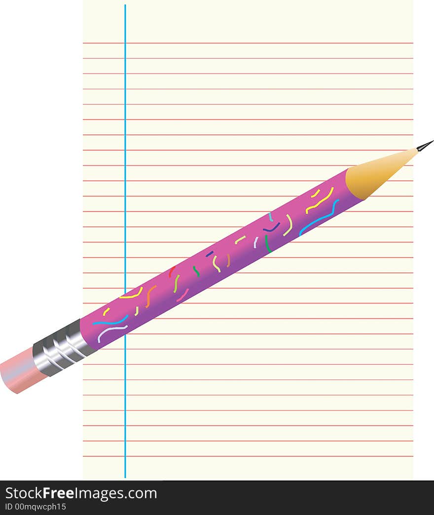 Illustration of Single lined paper and a sharpened pencil with eraser on top. Illustration of Single lined paper and a sharpened pencil with eraser on top