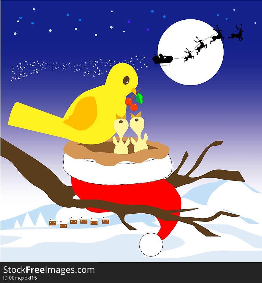 A illustration of Santa Claus gave his hat for yellow birds as a gift, cartoon, vector. A illustration of Santa Claus gave his hat for yellow birds as a gift, cartoon, vector