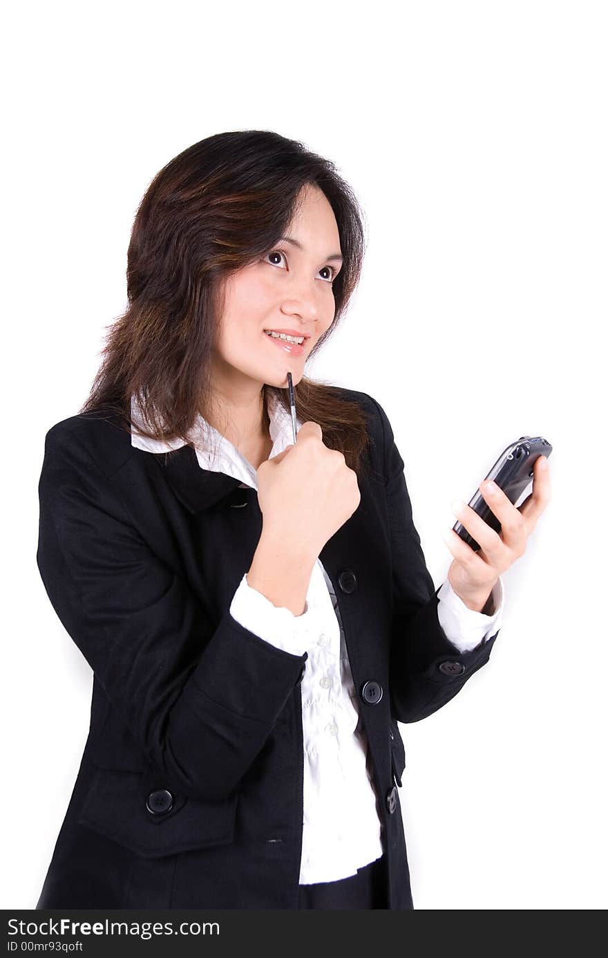 Business girl with PDA over a white background