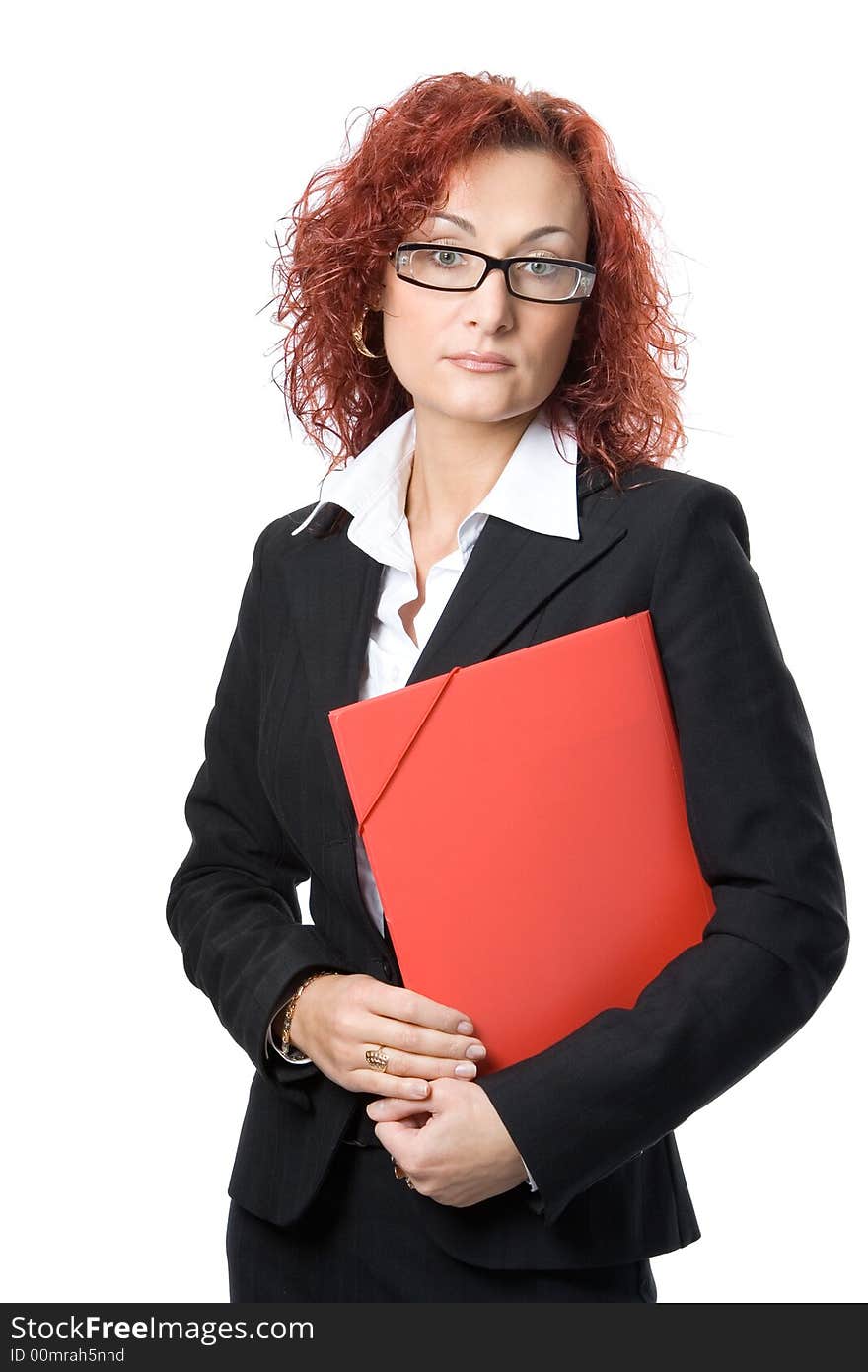 Business woman in glasses with red folder over white background