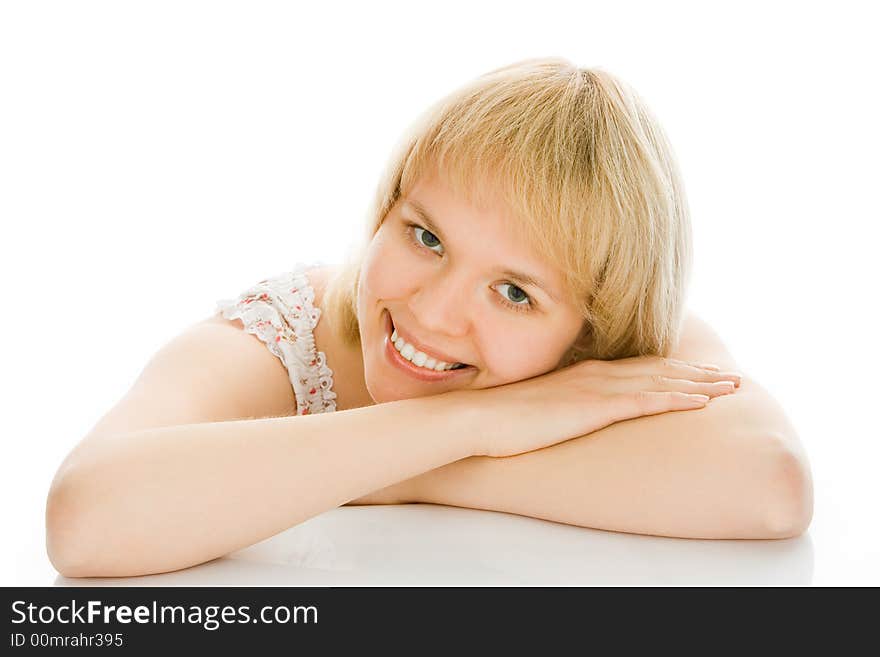 Beauty woman sit on the table