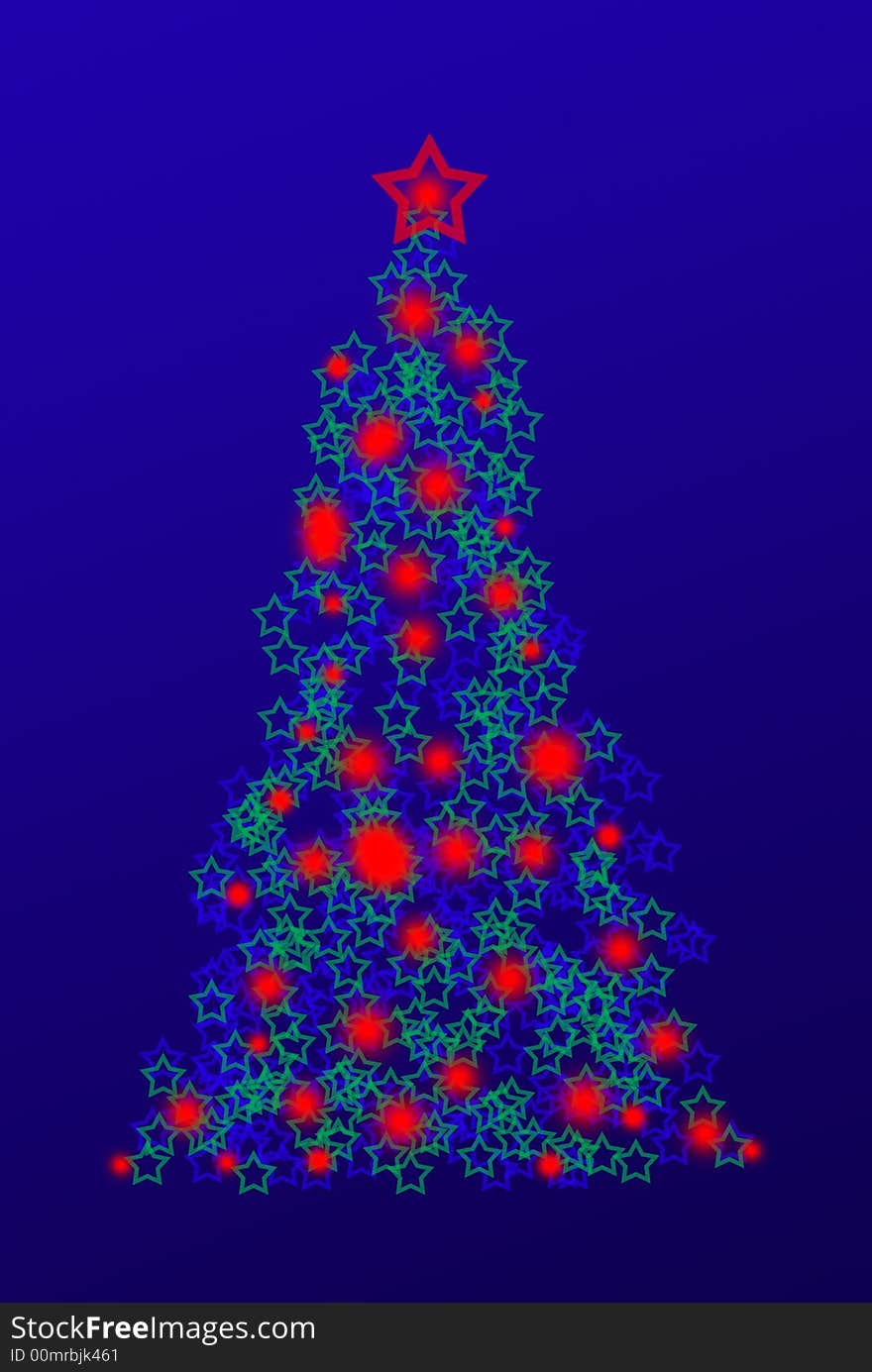 Decorated Christmas tree illustration with fairy lights and stars