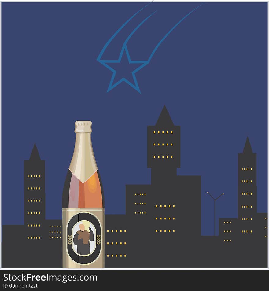 A beer in a background of tall buildings and a flying star