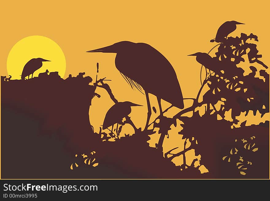 Illustration of a crane sitting above a tree branch at sunset