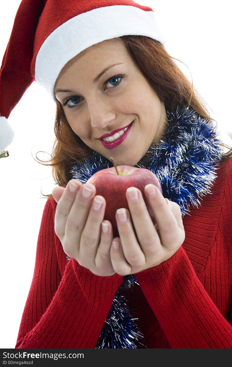 Beautiful woman with apple on white background