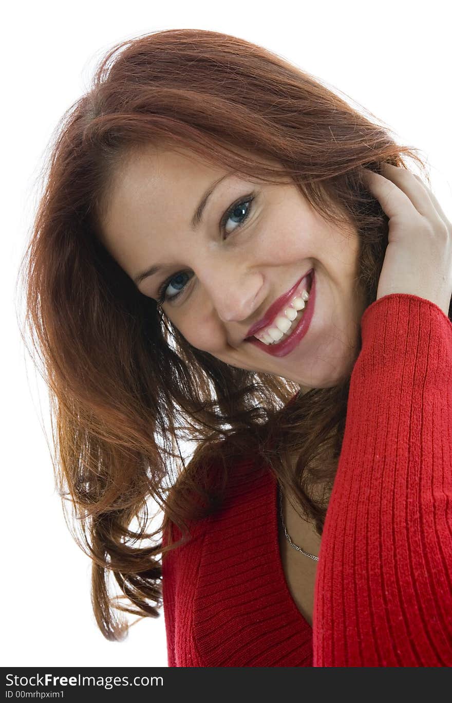 Beautiful woman in red sweater on white background