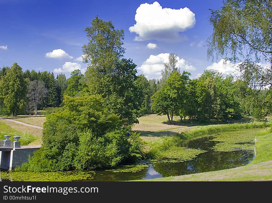 Landscape with blue sky, clouds, forest and lake. Landscape with blue sky, clouds, forest and lake