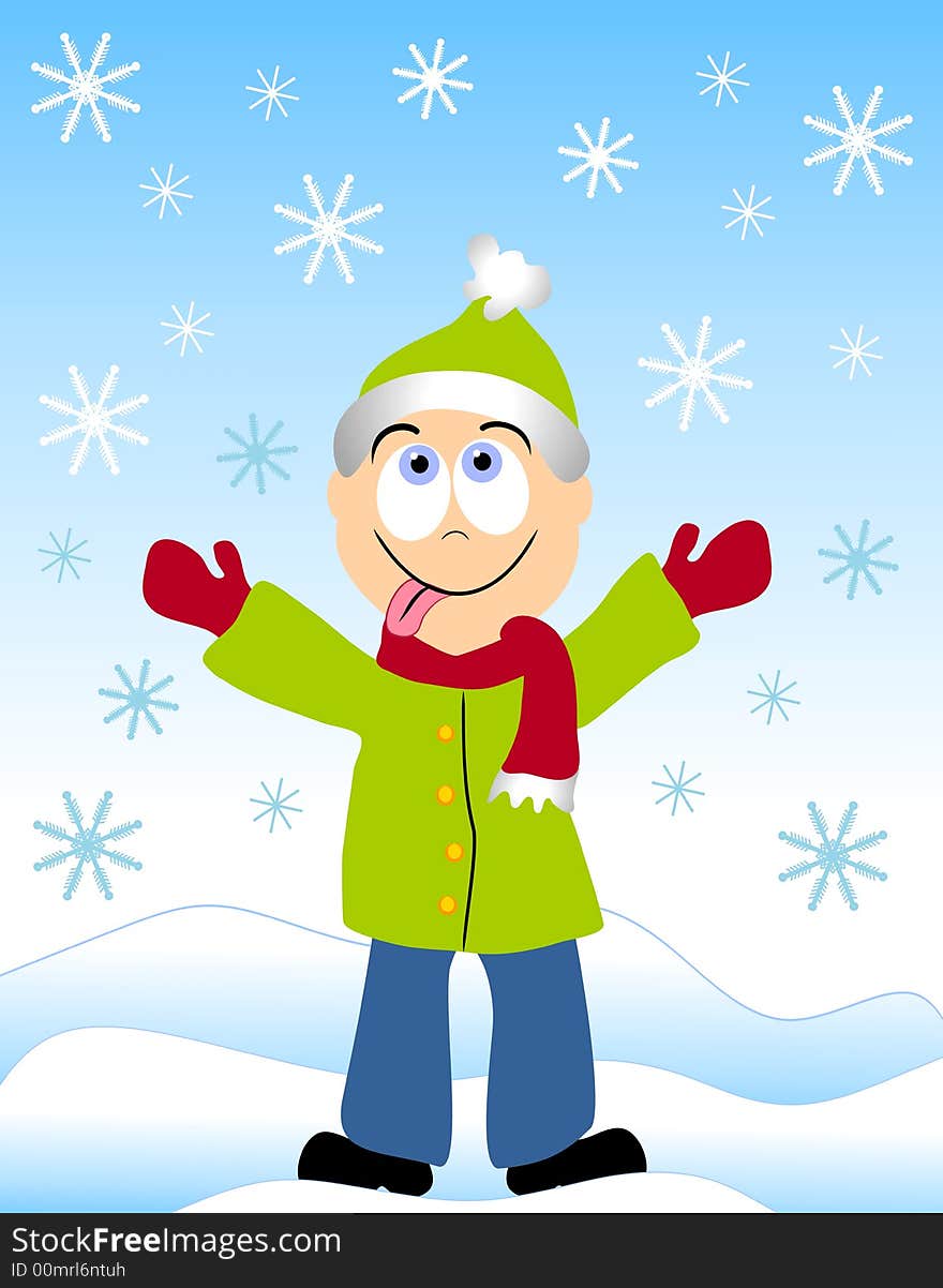 A clip art illustration of a young boy standing in the snow trying to catch snowflakes on his tongue. A clip art illustration of a young boy standing in the snow trying to catch snowflakes on his tongue