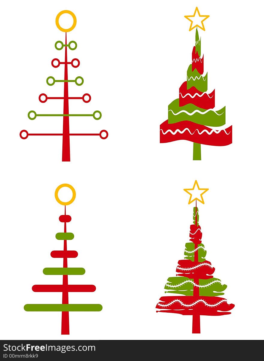 A clip art illustration of your choice of 4 unique abstract Christmas trees in simple colors isolated on white. A clip art illustration of your choice of 4 unique abstract Christmas trees in simple colors isolated on white