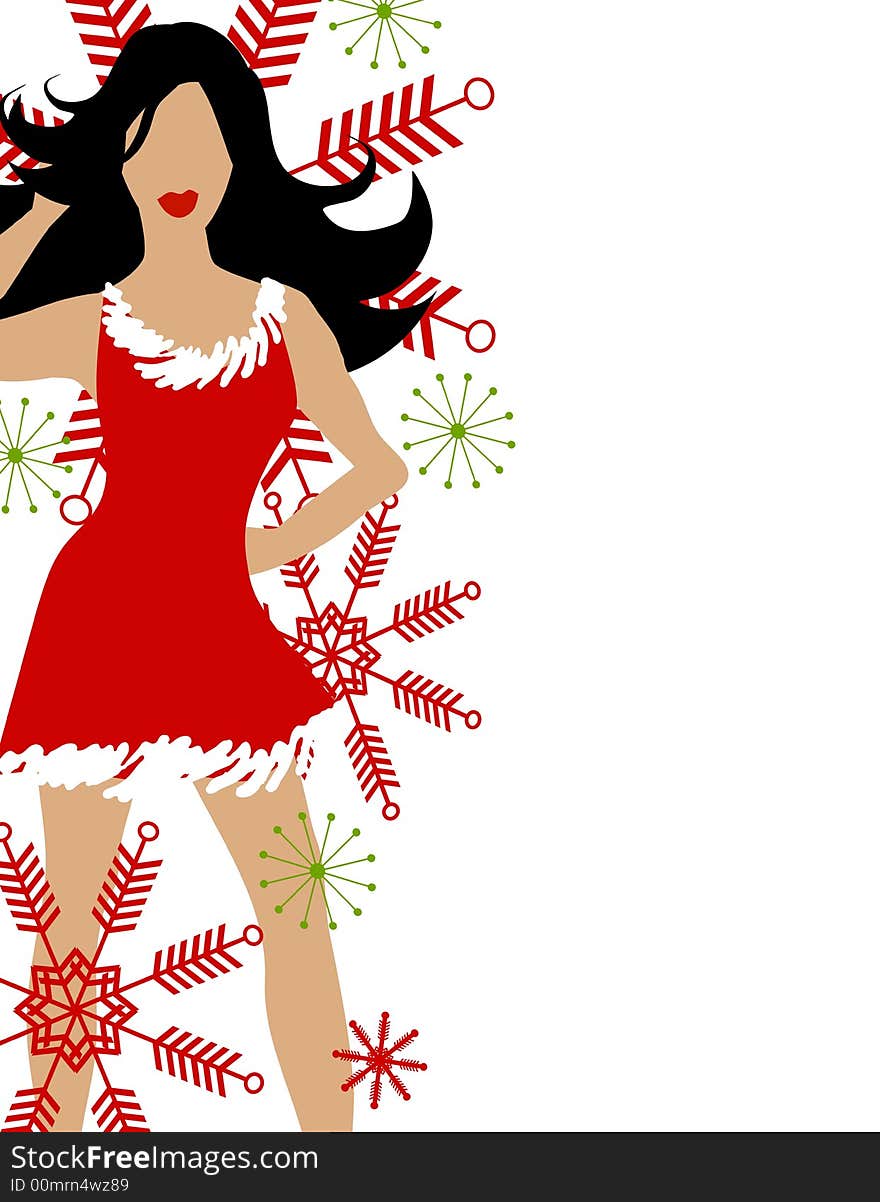 A clip art illustration of a fashion model wearing a little red dress surrounded by snowflakes. A clip art illustration of a fashion model wearing a little red dress surrounded by snowflakes