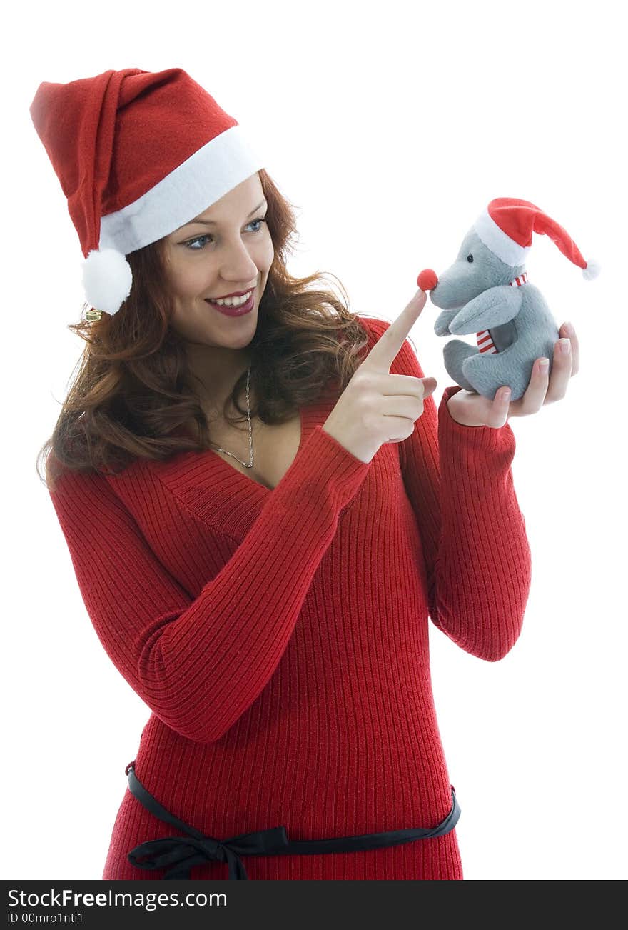 Beautiful woman with gift on white background