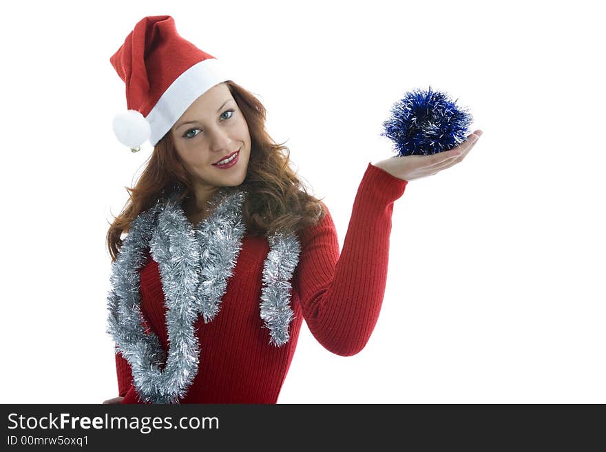 Beautiful woman with gift on white background