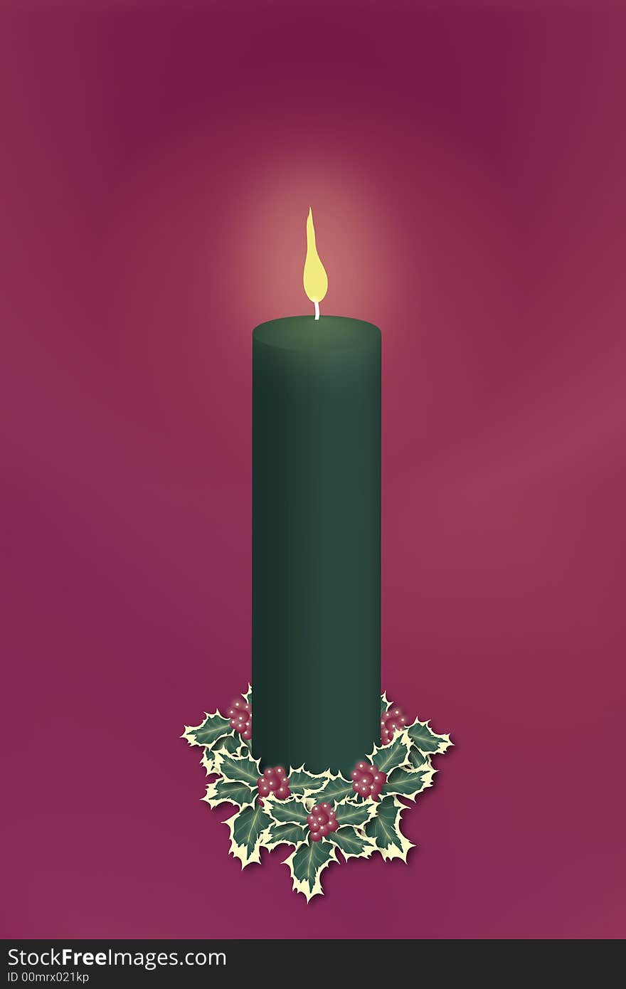 Single green pillar christmas candle decorated with holly on red background. Single green pillar christmas candle decorated with holly on red background