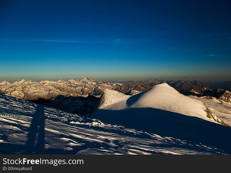 Panorama of Rainerhorn, in background Gross Glockner, on the way to Gross Venediger, sunset