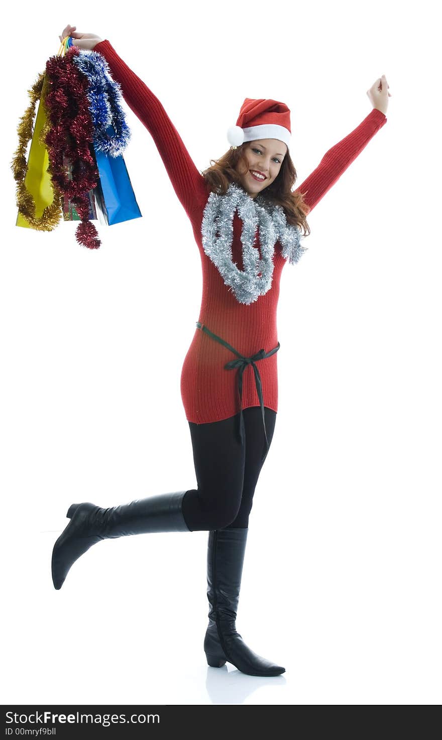 Beautiful woman with gift on white background