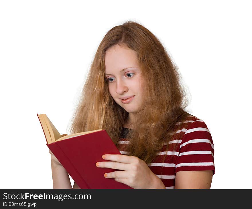 Girl reading book, isolated on white background