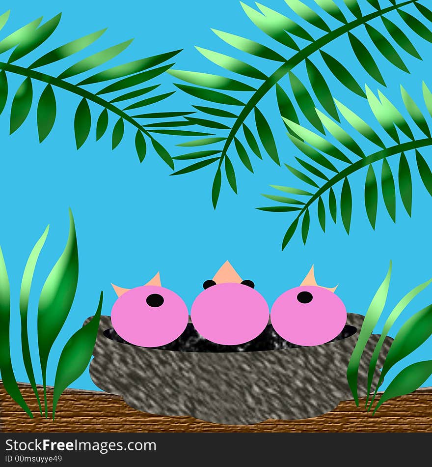 Baby birds with open mouths in a nest illustration