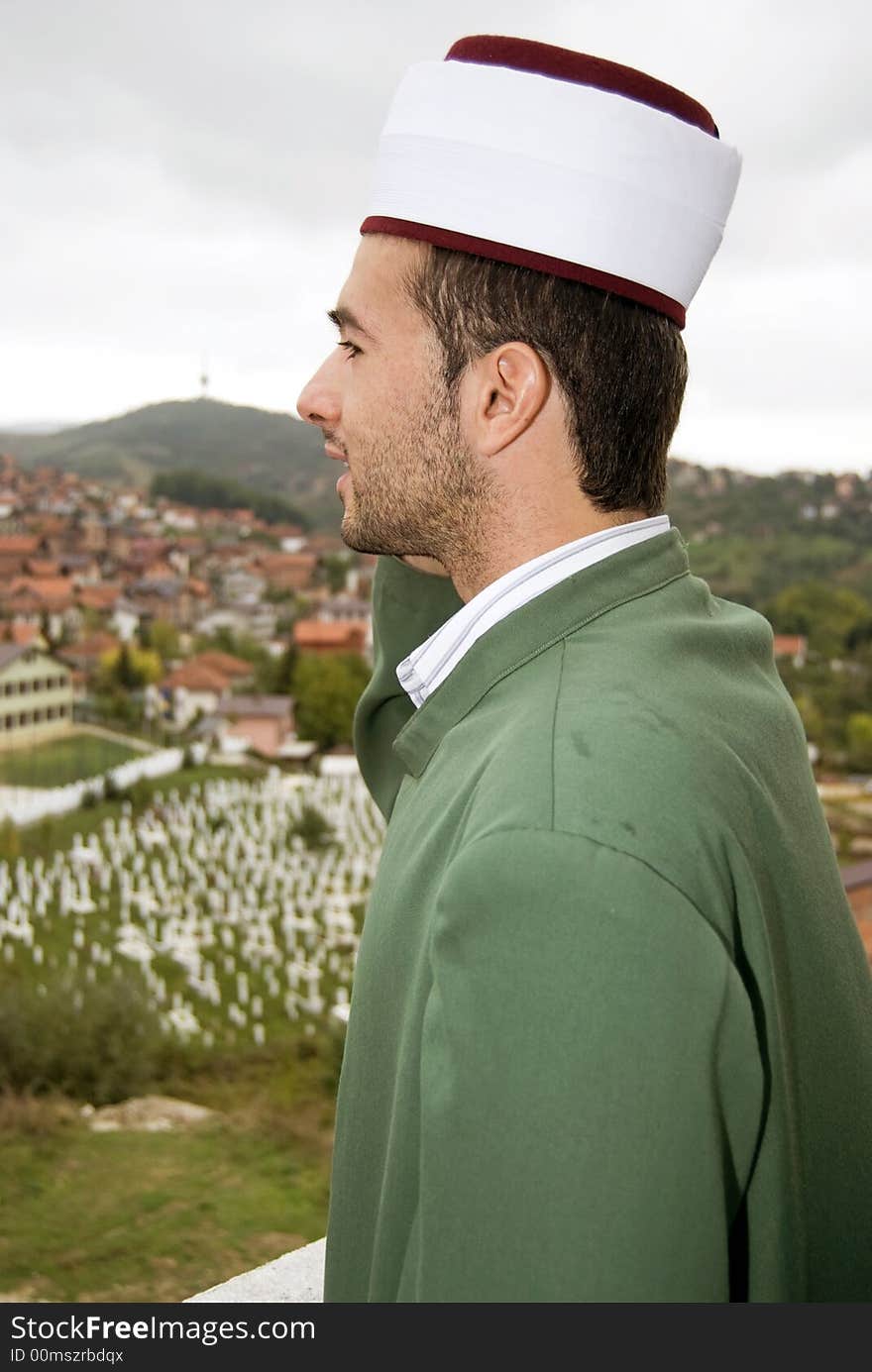 Muslim prayer on top of mosque calling for pray. Muslim prayer on top of mosque calling for pray