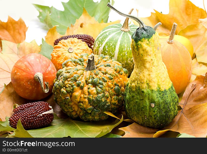 Fruits leaves and vegetables isolated on white