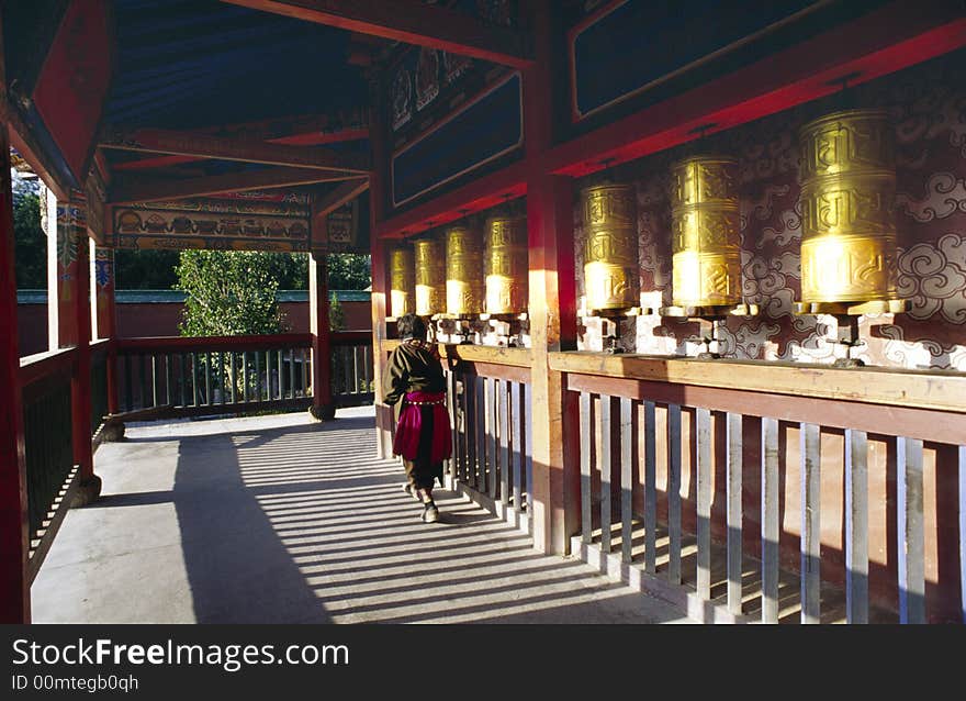 Prayer Wheels in the LaBuLen lamaist  ,Gansu,China. Prayer Wheels in the LaBuLen lamaist  ,Gansu,China.