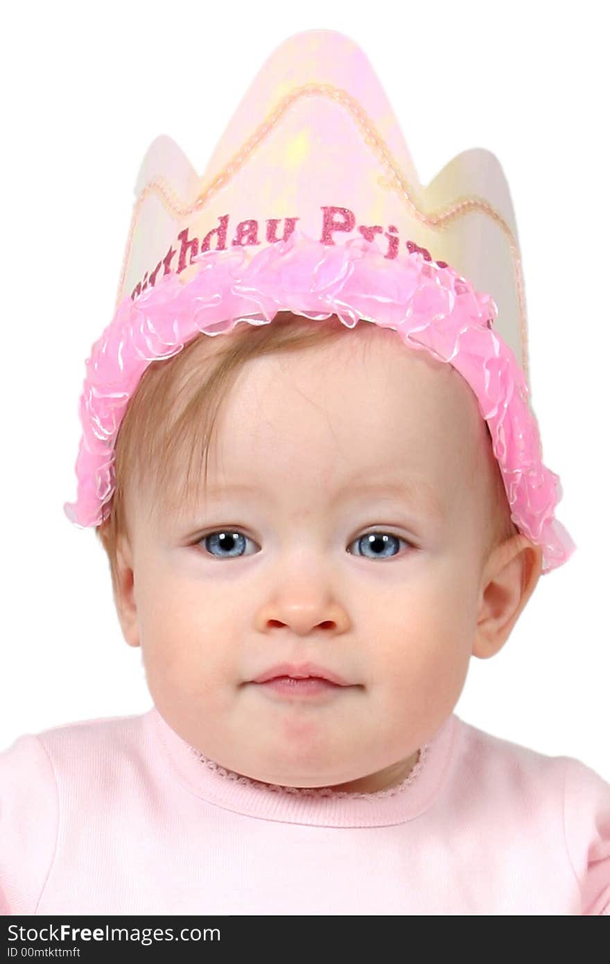 Little Baby Girl in Pink dress and birthday hat and hands in air. Little Baby Girl in Pink dress and birthday hat and hands in air