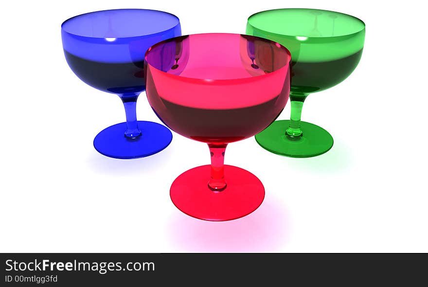 A photo of colorful crystal glasses. A photo of colorful crystal glasses