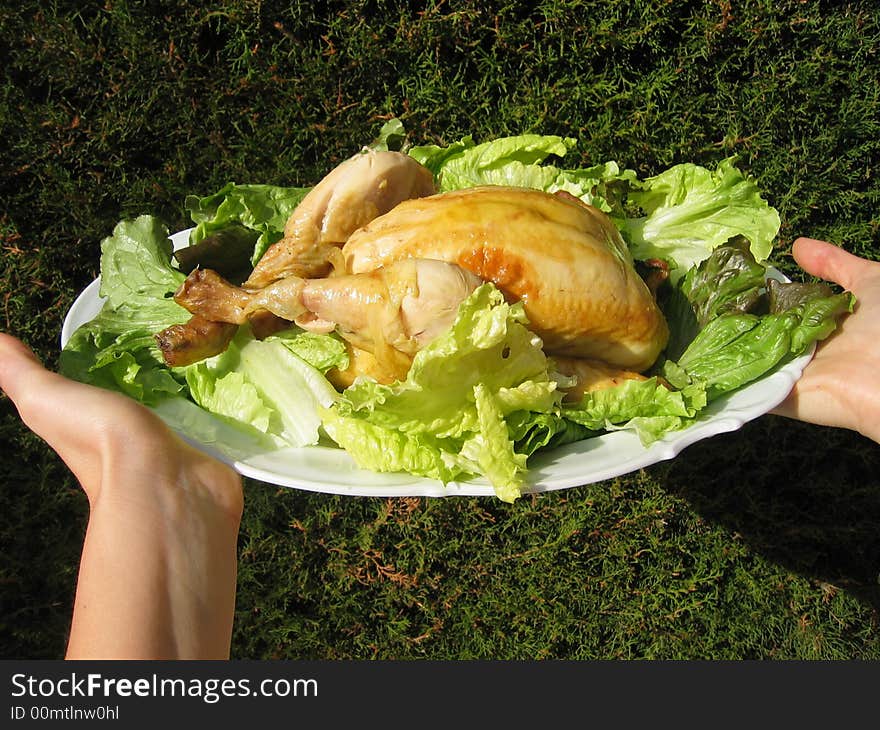 A tasty chicken on a bed of salad. A tasty chicken on a bed of salad