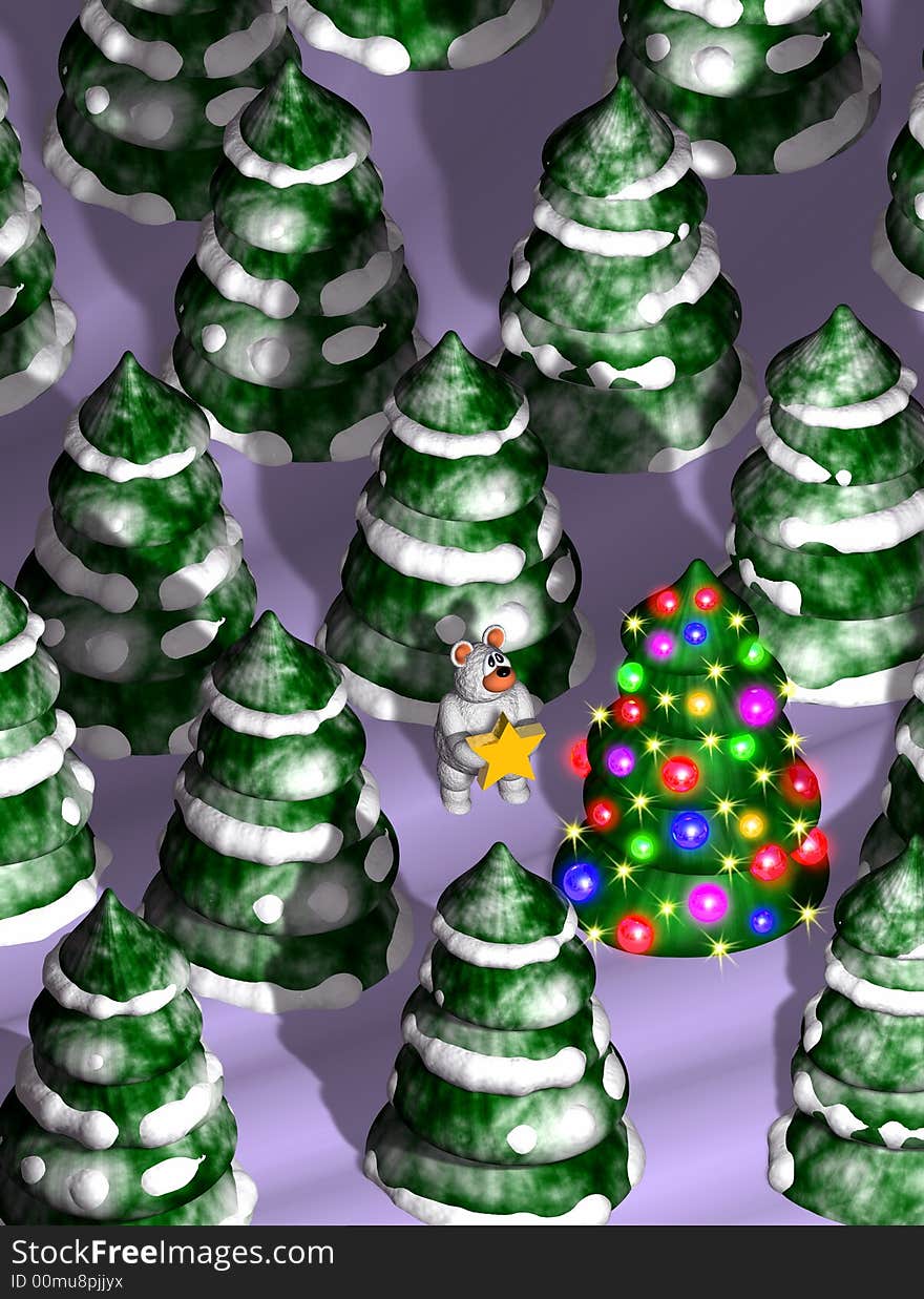 Computer-generated 3D illustration depicting cartoon bear cub and decorating a Christmas tree. Computer-generated 3D illustration depicting cartoon bear cub and decorating a Christmas tree