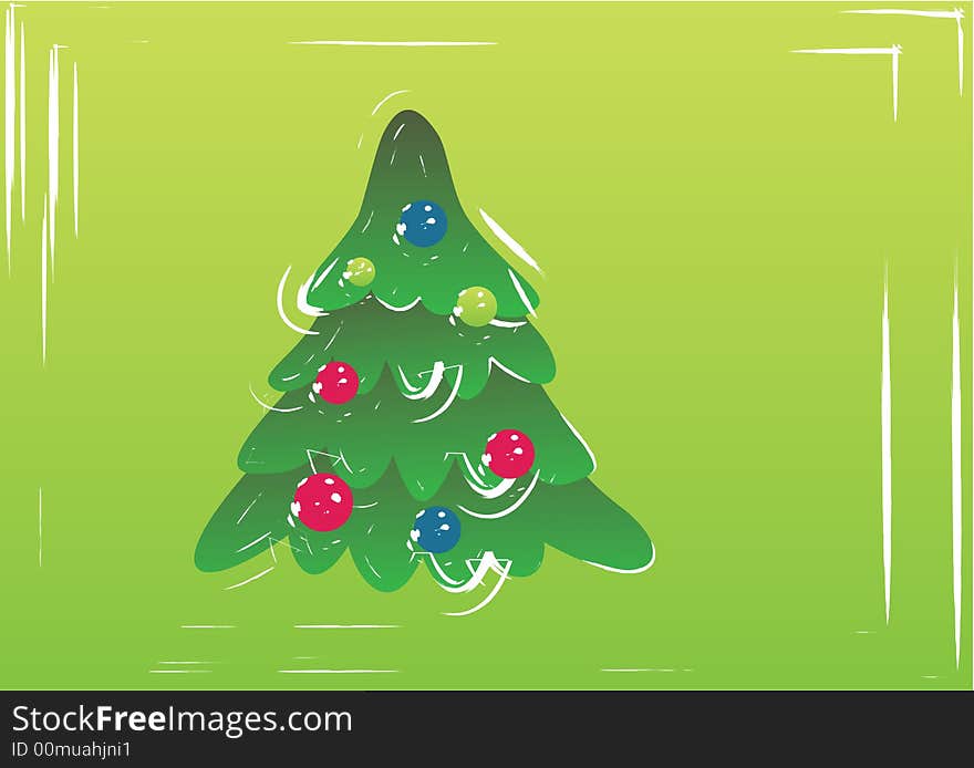 Green christmas tree with balls on the yellow background