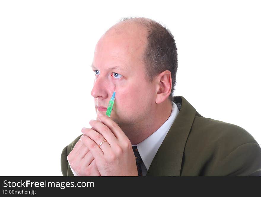 Man injecting himself, isolated on white. Man injecting himself, isolated on white