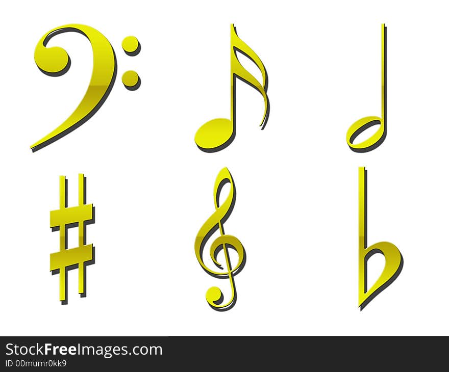 Various gold musical symbols on a white background