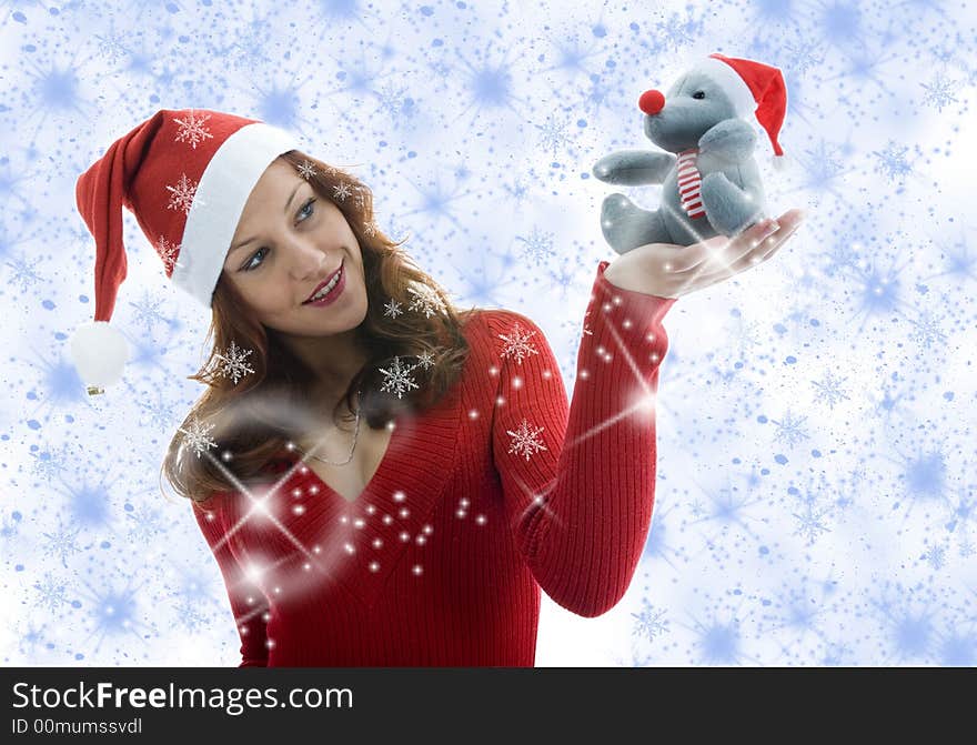 Beautiful woman with gift on white background