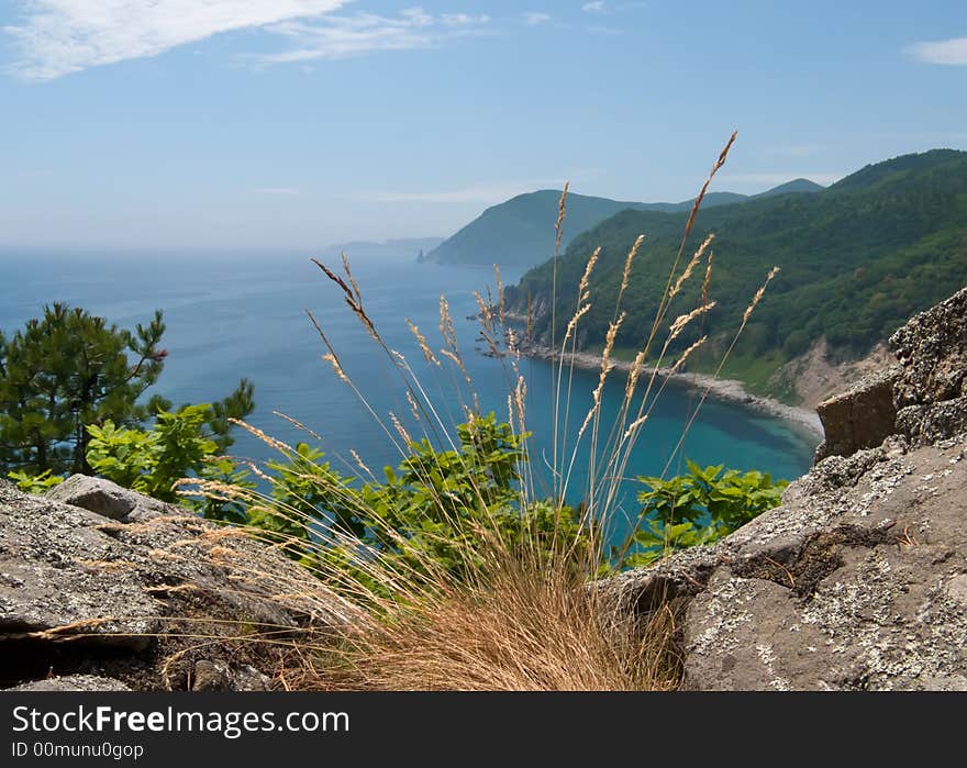 The view from above on small bay. On foreground are rough surface of rock and yellow culms of grass. On background are sea, sky and capes.  Russian Far East, Primorye, state nature reserve Lazovsky, Japanese sea, Uglovaya bay. The view from above on small bay. On foreground are rough surface of rock and yellow culms of grass. On background are sea, sky and capes.  Russian Far East, Primorye, state nature reserve Lazovsky, Japanese sea, Uglovaya bay.