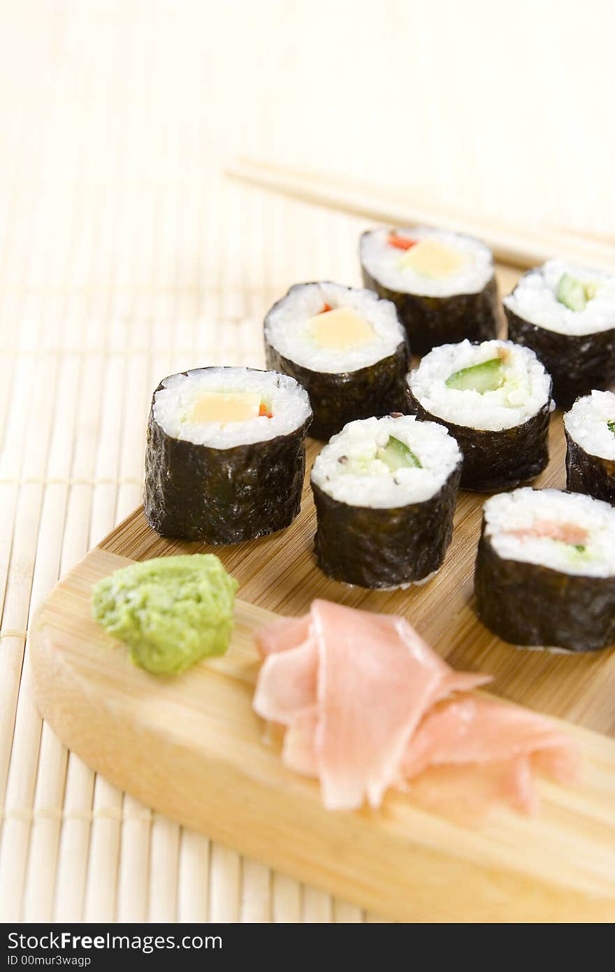 Freshly prepared maki rolls