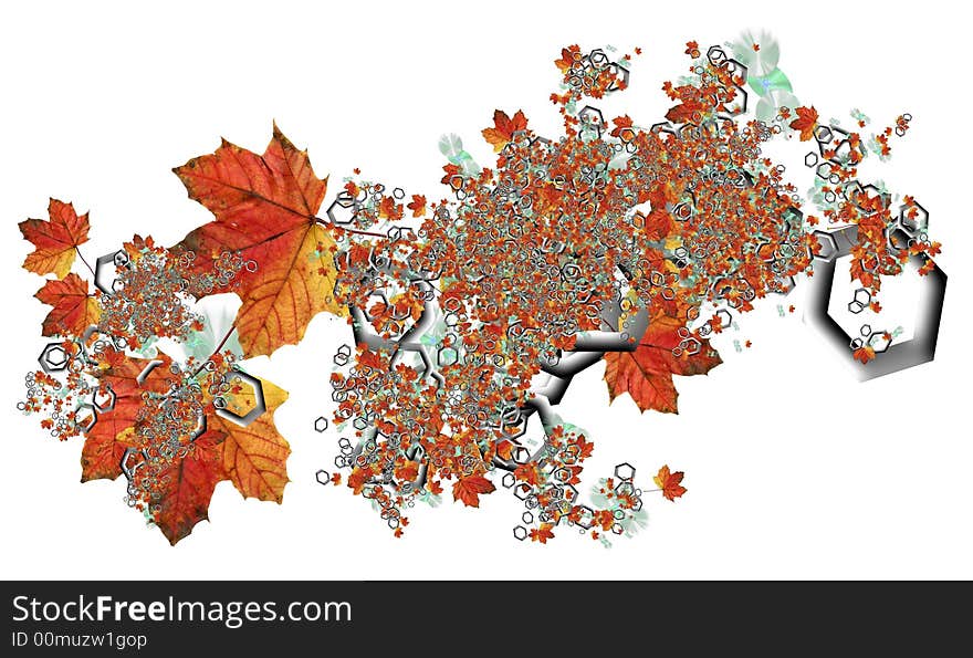 Abstract composition. Red leaf, gray hexagon....