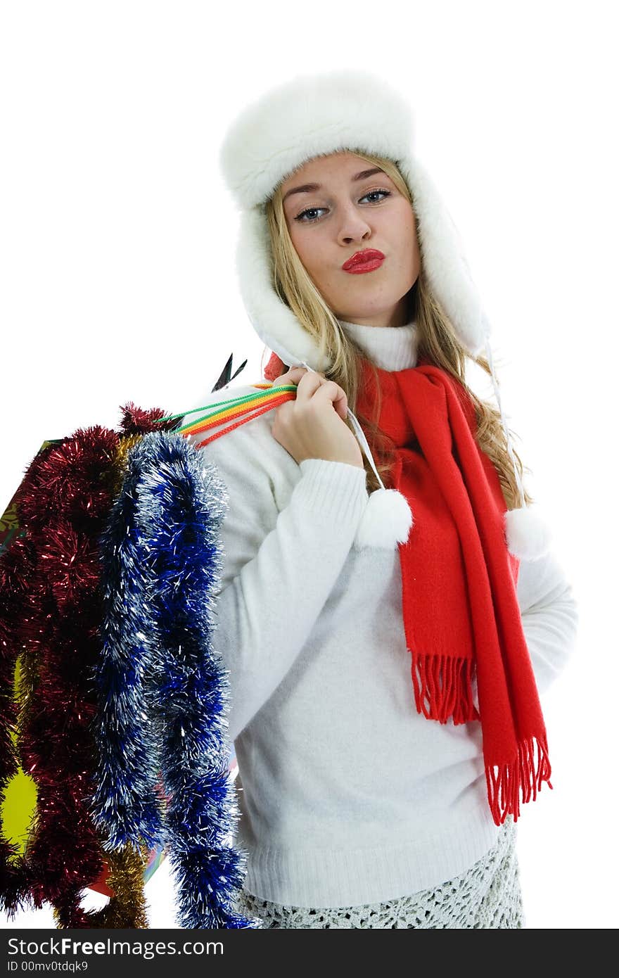 Beautiful woman with gift on white background