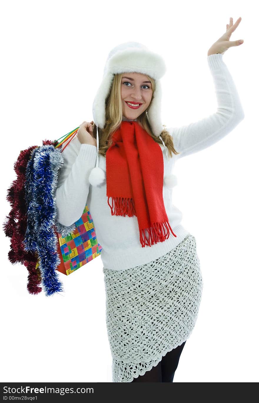 Beautiful woman with gift on white background