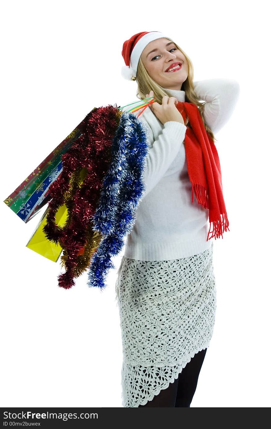 Beautiful woman with gift on white background